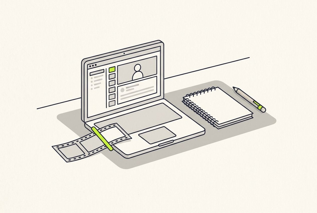 Drawn desk scene: a laptop with a short film strip and one lime cut mark.
