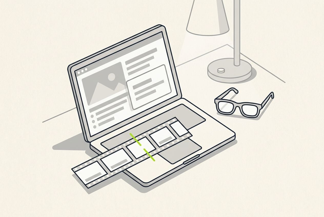 Drawn desk scene: a laptop with a short film strip and one lime cut mark.