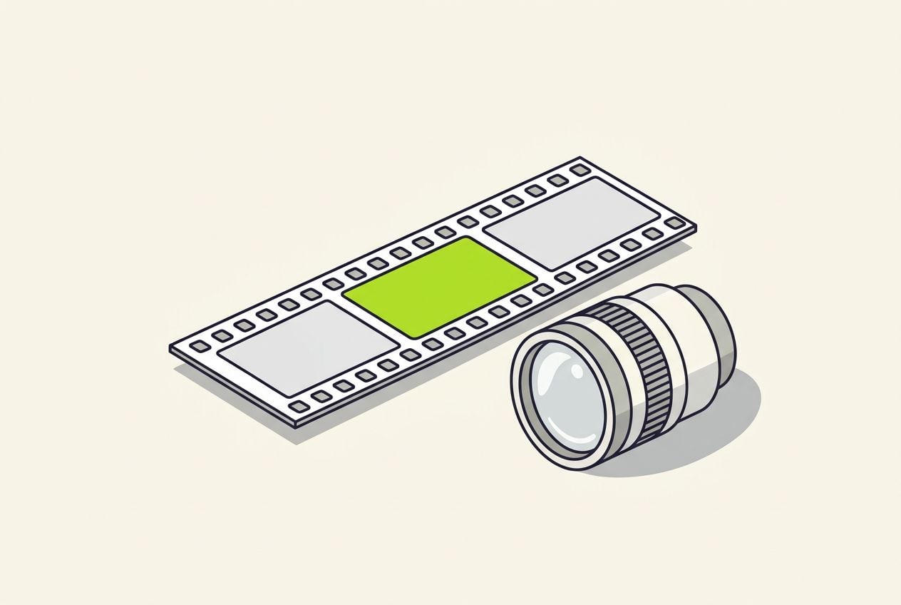 Drawn desk scene: a film strip with one frame marked in lime.