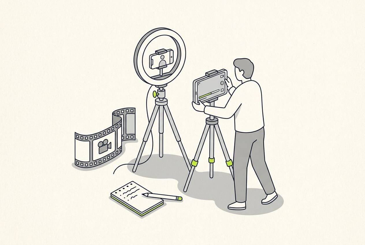 Drawn scene: a ring light and a phone on a tripod, with a phone on a tripod filming and a short film strip.