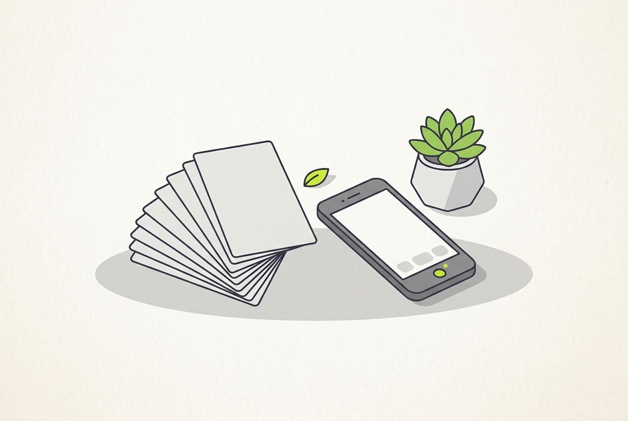 Drawn desk scene: a stack of blank cards fanning out beside a phone.