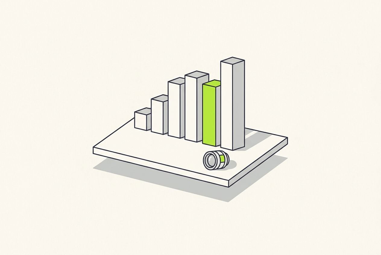 Drawn desk scene: a bar chart of blank bars with one lime bar.