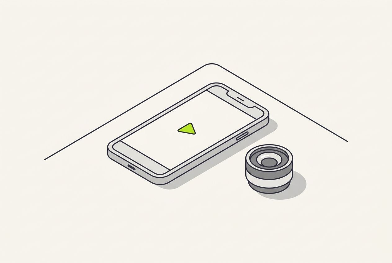 Drawn desk scene: a phone showing a blank ad frame and a small lime play button.
