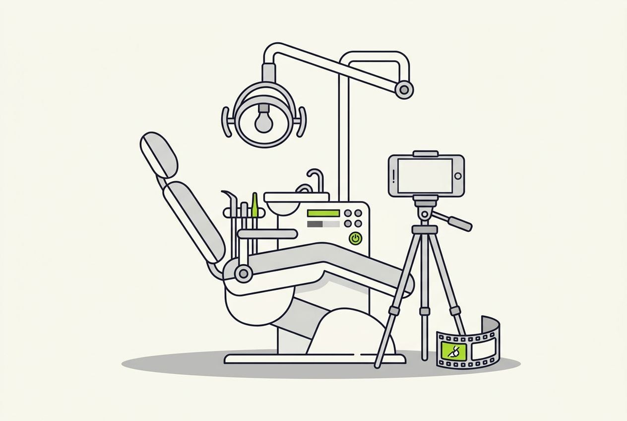 Drawn scene: a dental chair and an overhead lamp, with a phone on a tripod filming and a short film strip.