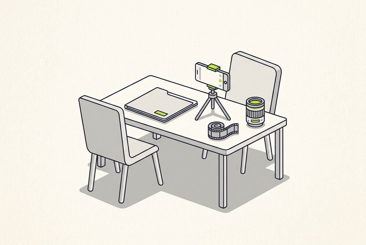 Drawn scene: two chairs across a desk and a folder, with a phone on a tripod filming and a short film strip.