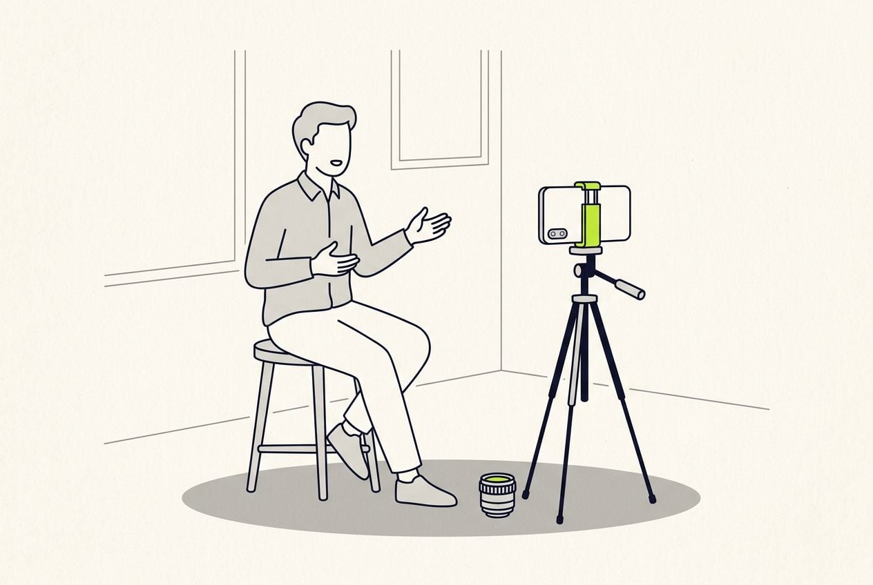 Drawn scene: a person on a stool talking to a phone on a tripod.
