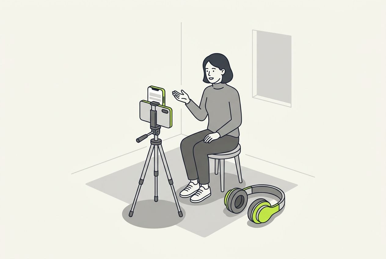 Drawn scene: a person on a stool talking to a phone on a tripod.