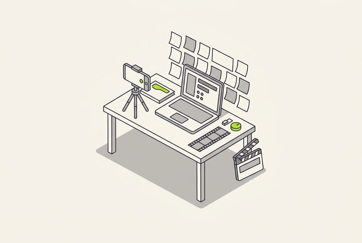 Drawn scene: a desk with a laptop and a wall of blank sticky notes, with a phone on a tripod filming and a short film strip.