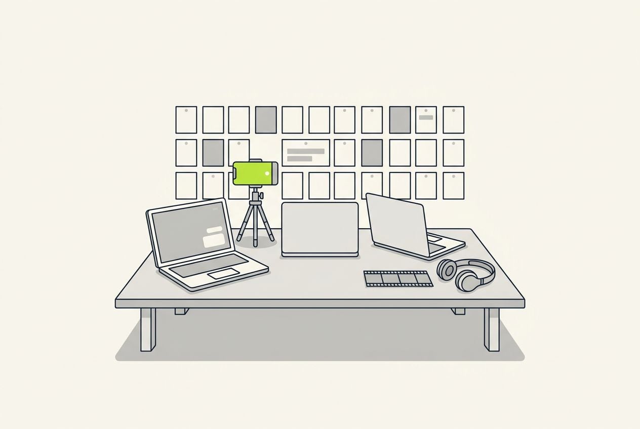 Drawn scene: a long table with three laptops and a wall of blank cards, with a phone on a tripod filming and a short film.
