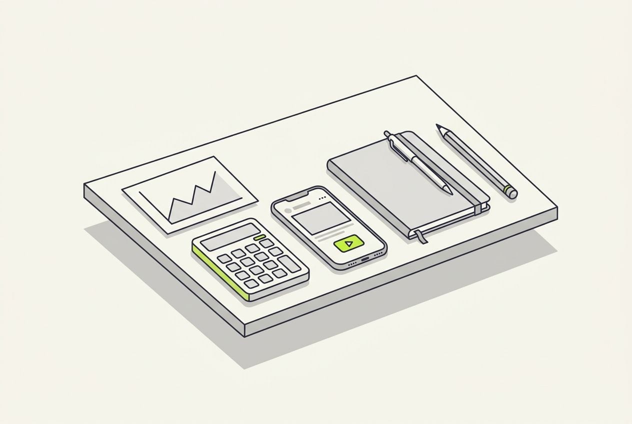 Drawn scene: a tidy desk with a line chart card and a calculator, with a phone showing a blank ad frame and a small lime.