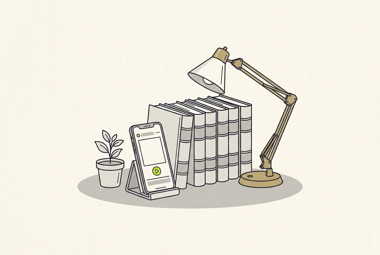 Drawn scene: a desk with a row of law books and a brass lamp, with a phone showing a blank ad frame and a small lime play.