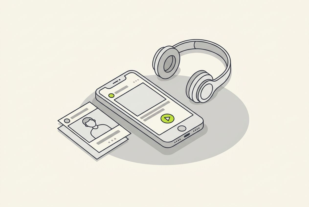 Drawn desk scene: a phone showing a blank ad frame and a small lime play button.
