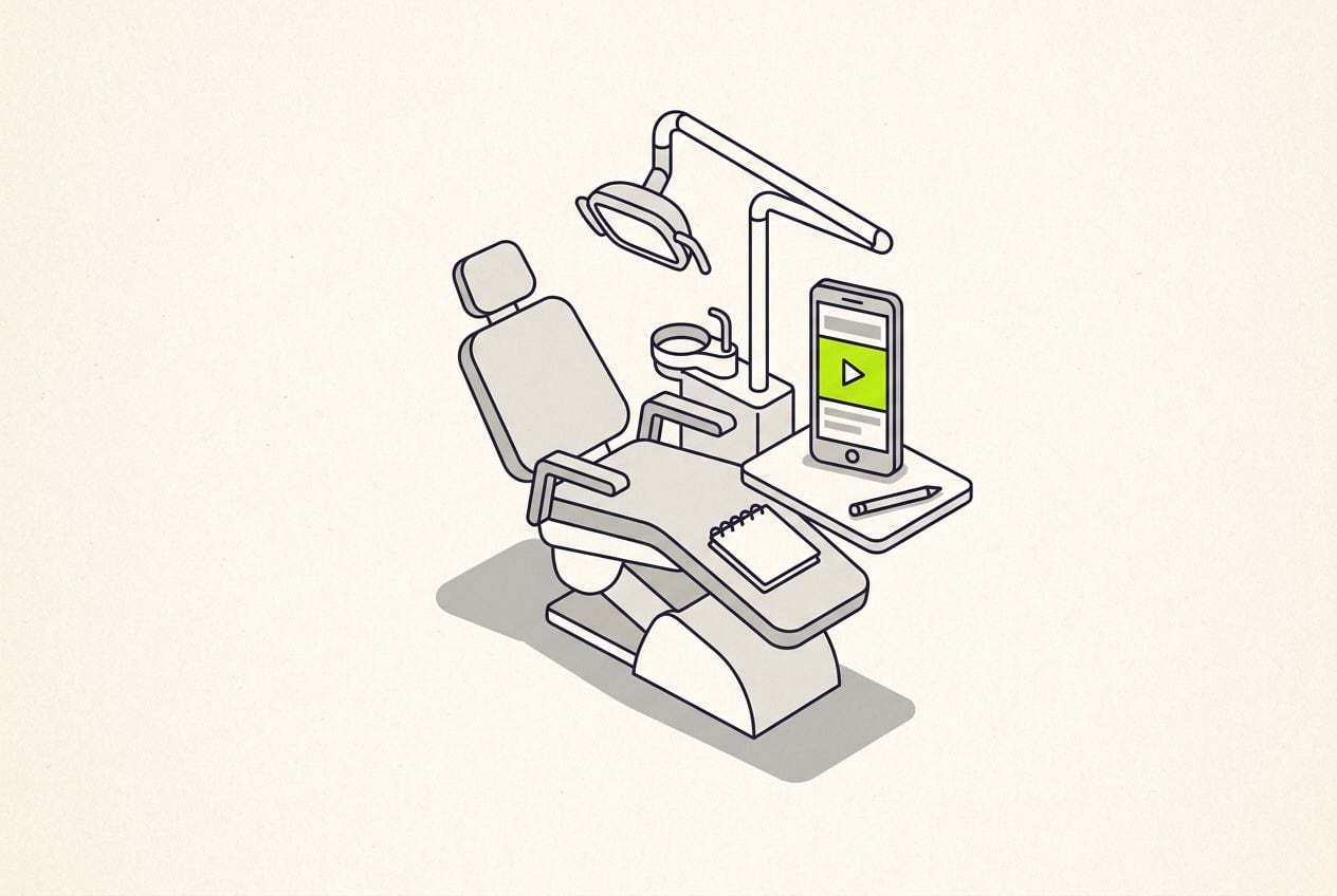 Drawn scene: a dental chair and an overhead lamp, with a phone showing a blank ad frame and a small lime play button.