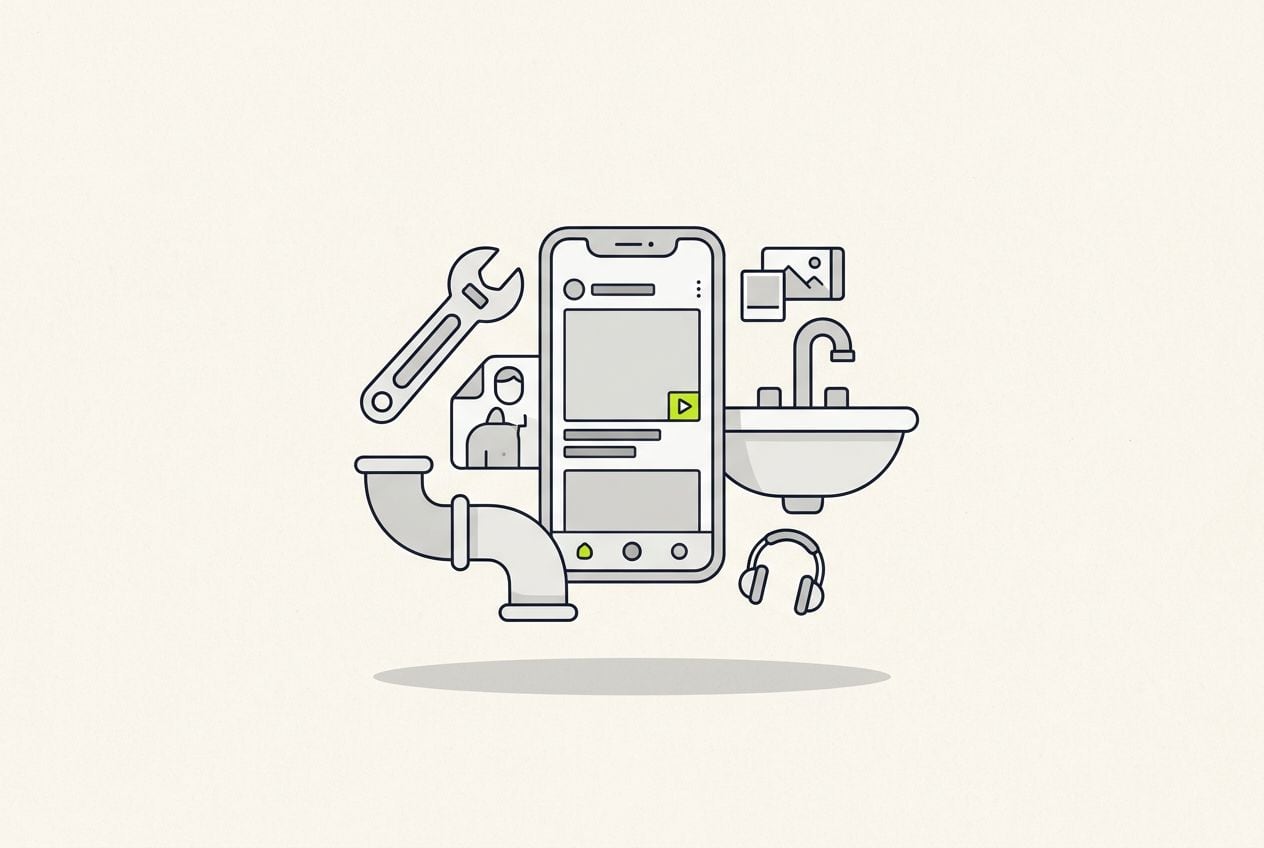 Drawn scene: a wrench, a pipe joint and a sink, with a phone showing a blank ad frame and a small lime play button.