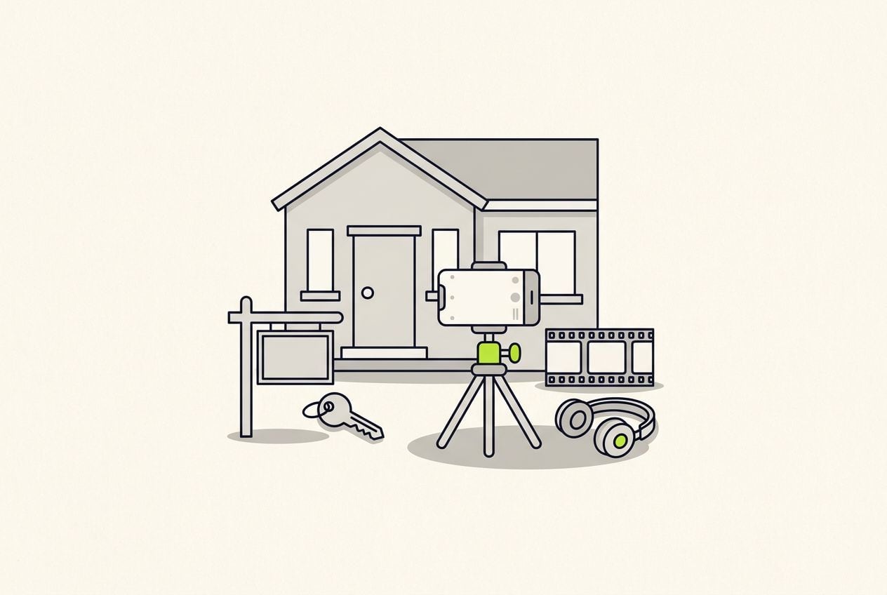 Drawn scene: a house front with a small sign post and a key, with a phone on a tripod filming and a short film strip.