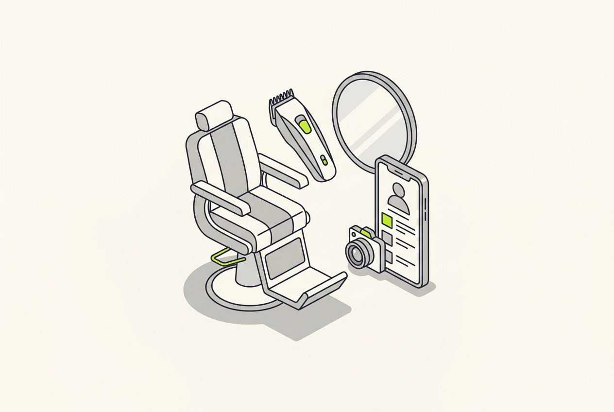 Drawn scene: a barber's chair, clippers and a mirror, with a phone profile screen with small blank chips.
