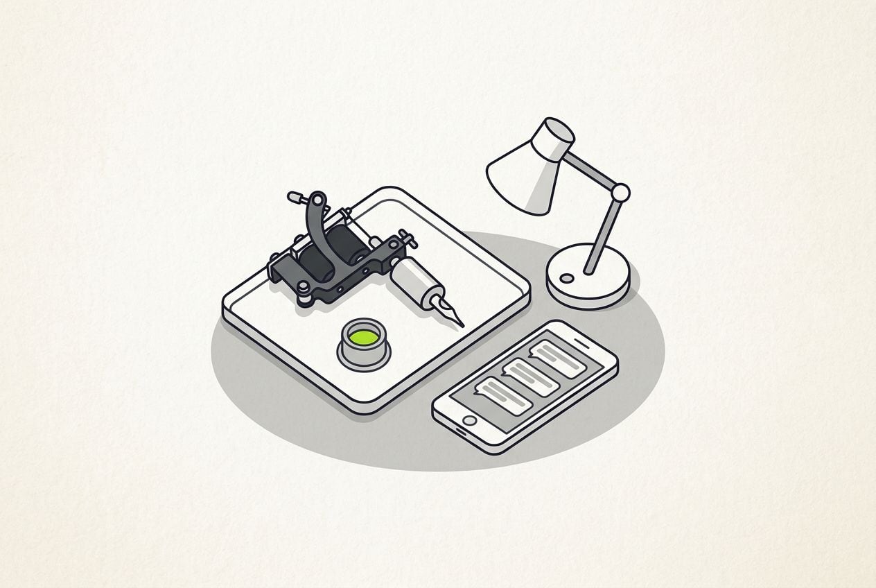 Drawn scene: a tattoo machine and an ink cap on a tray, with a phone profile screen with small blank chips.