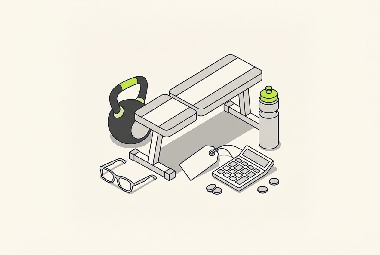 Drawn scene: a kettlebell, a gym bench and a water bottle, with a blank price tag, a calculator with blank keys and a few.