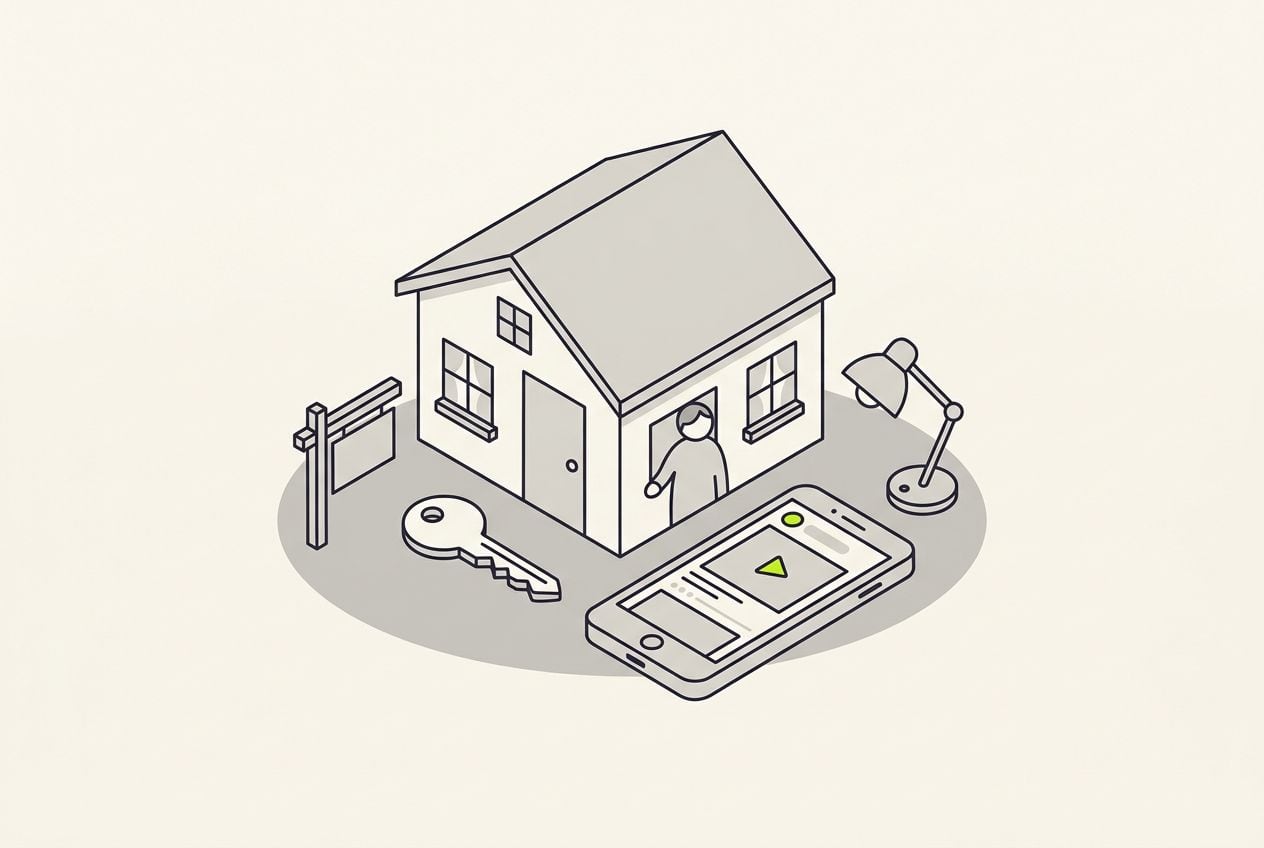 Drawn scene: a house front with a small sign post and a key, with a phone showing a blank ad frame and a small lime play.