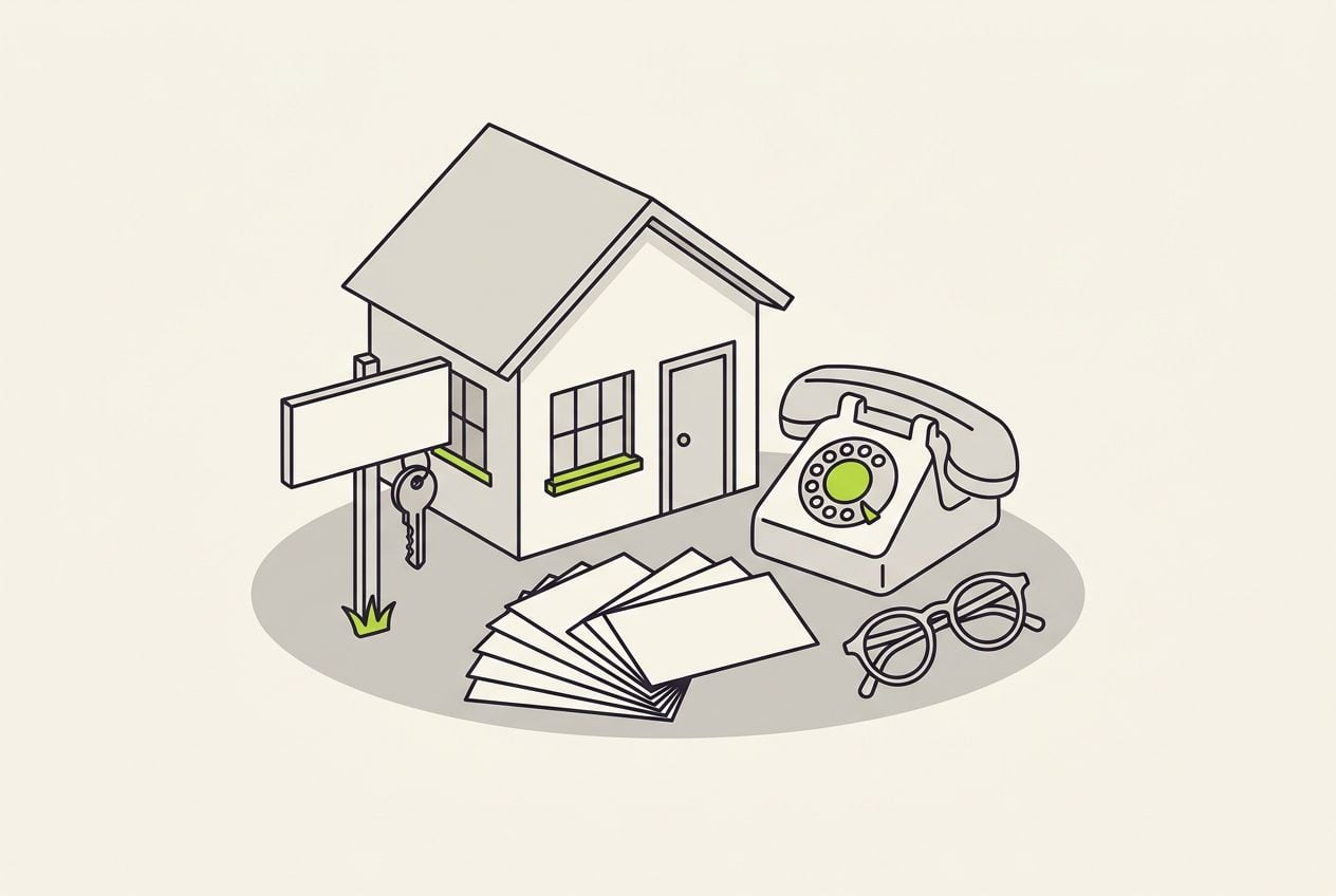 Drawn scene: a house front with a small sign post and a key, with a stack of blank cards fanning out beside a phone.