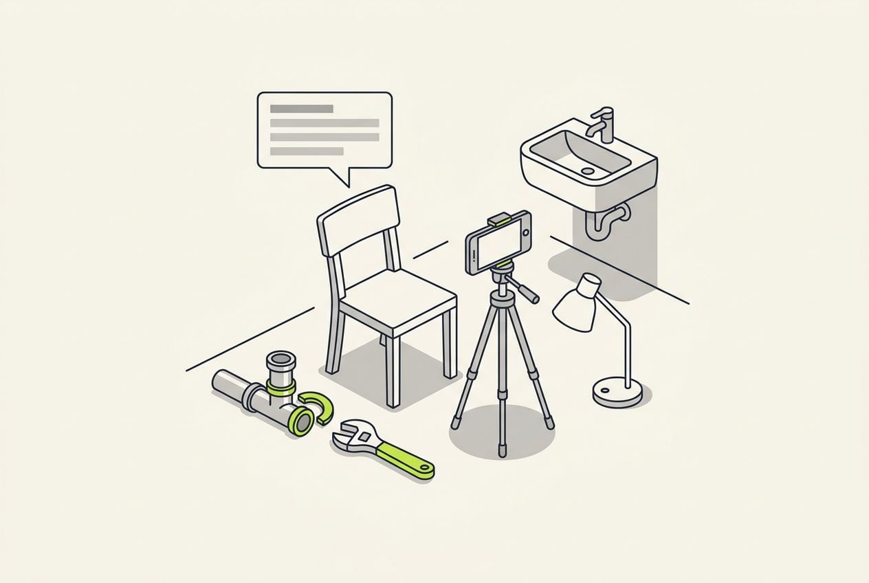 Drawn scene: a wrench, a pipe joint and a sink, with a speech bubble filled with plain bars above an empty chair and a.