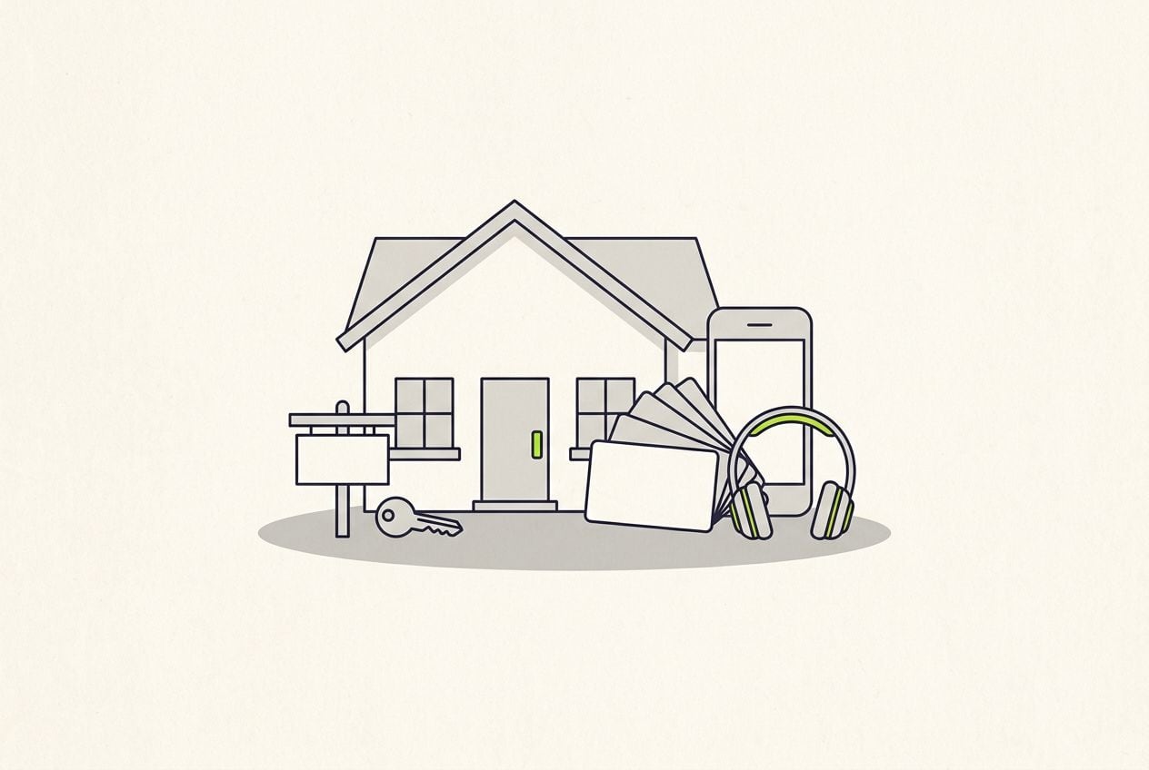 Drawn scene: a house front with a small sign post and a key, with a stack of blank cards fanning out beside a phone.