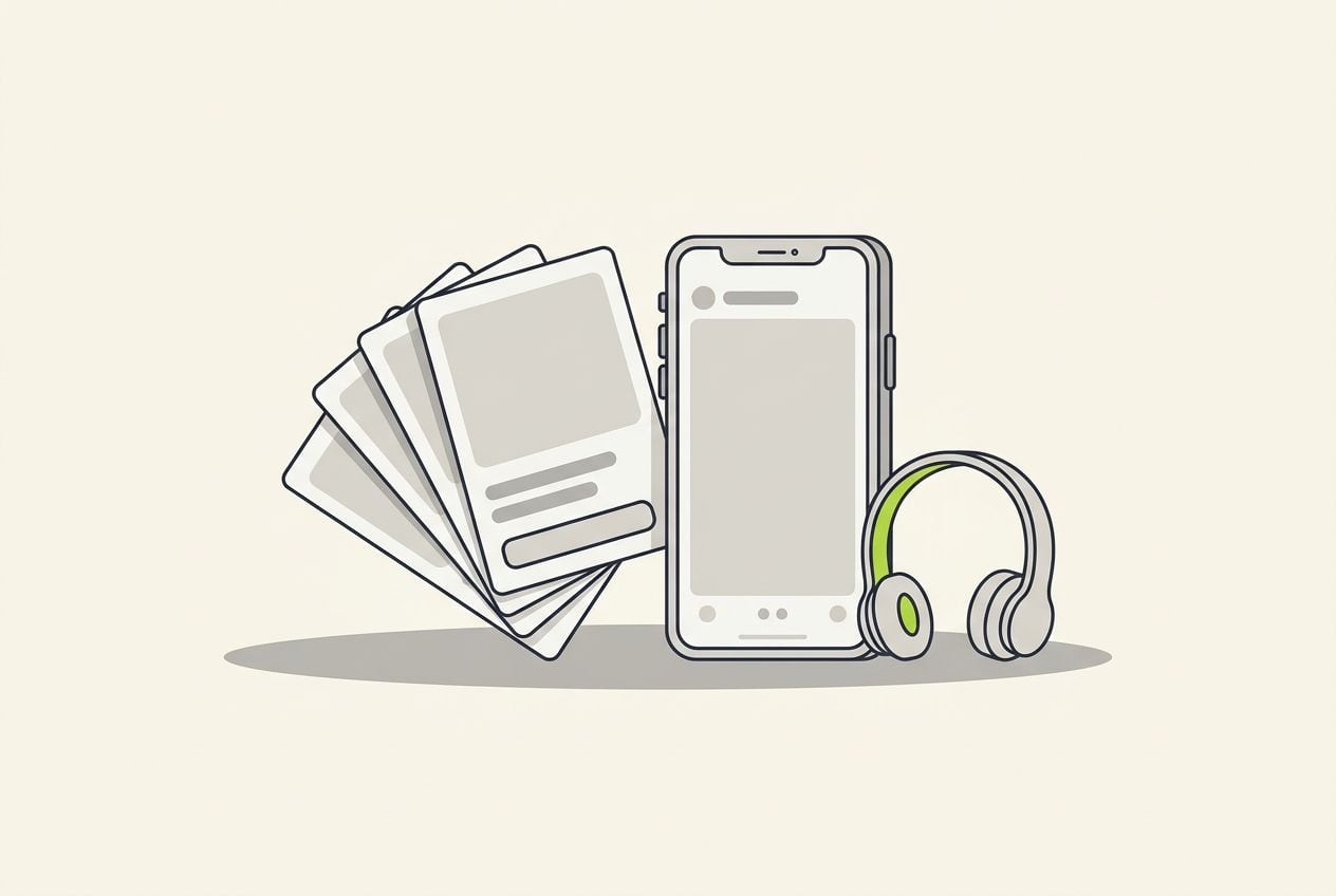 Drawn desk scene: a stack of blank cards fanning out beside a phone.
