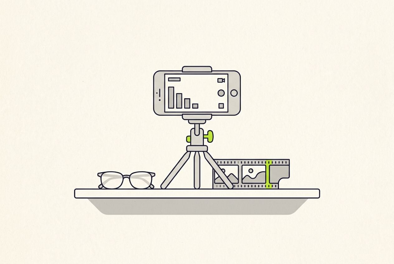 Drawn desk scene: a phone on a tripod filming and a short film strip.