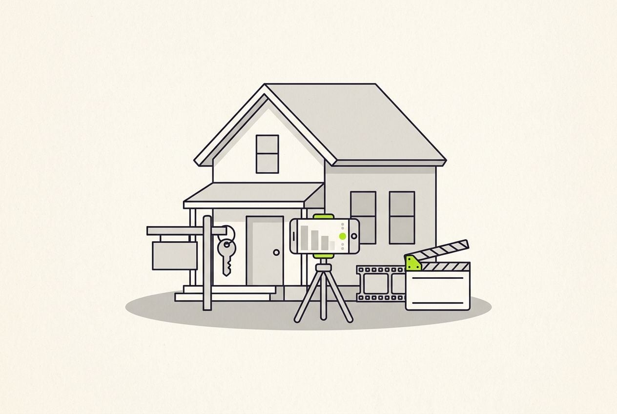 Drawn scene: a house front with a small sign post and a key, with a phone on a tripod filming and a short film strip.
