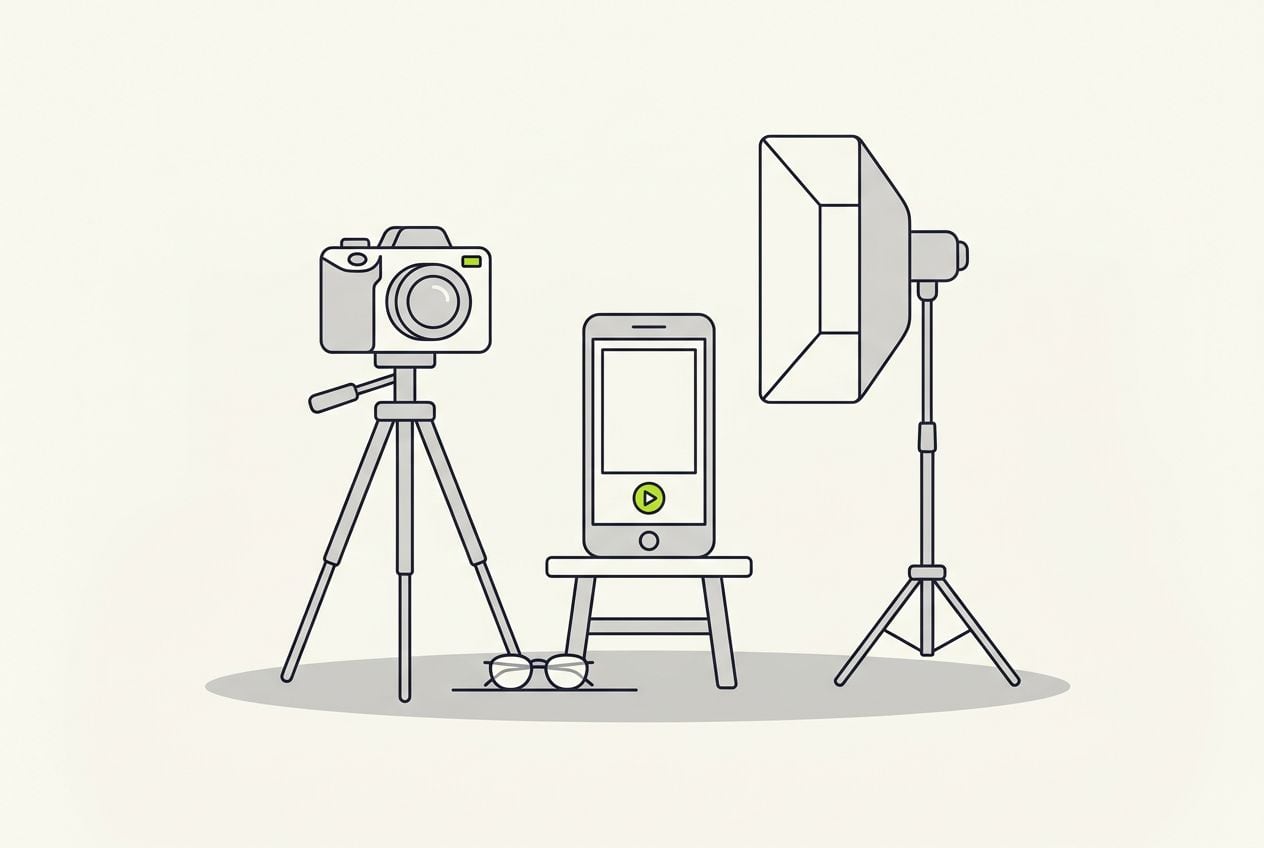 Drawn scene: a camera on a tripod and a softbox light, with a phone showing a blank ad frame and a small lime play button.