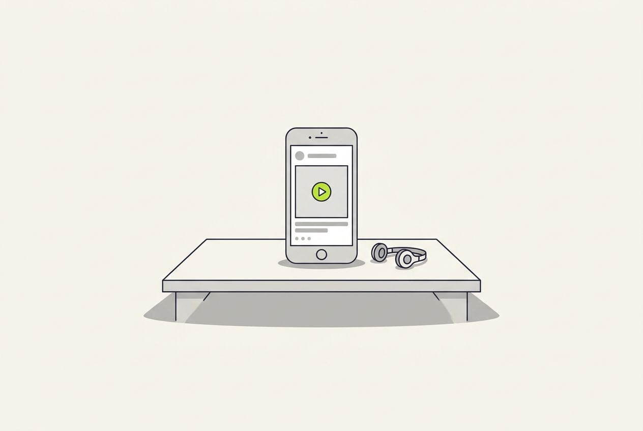 Drawn desk scene: a phone showing a blank ad frame and a small lime play button.