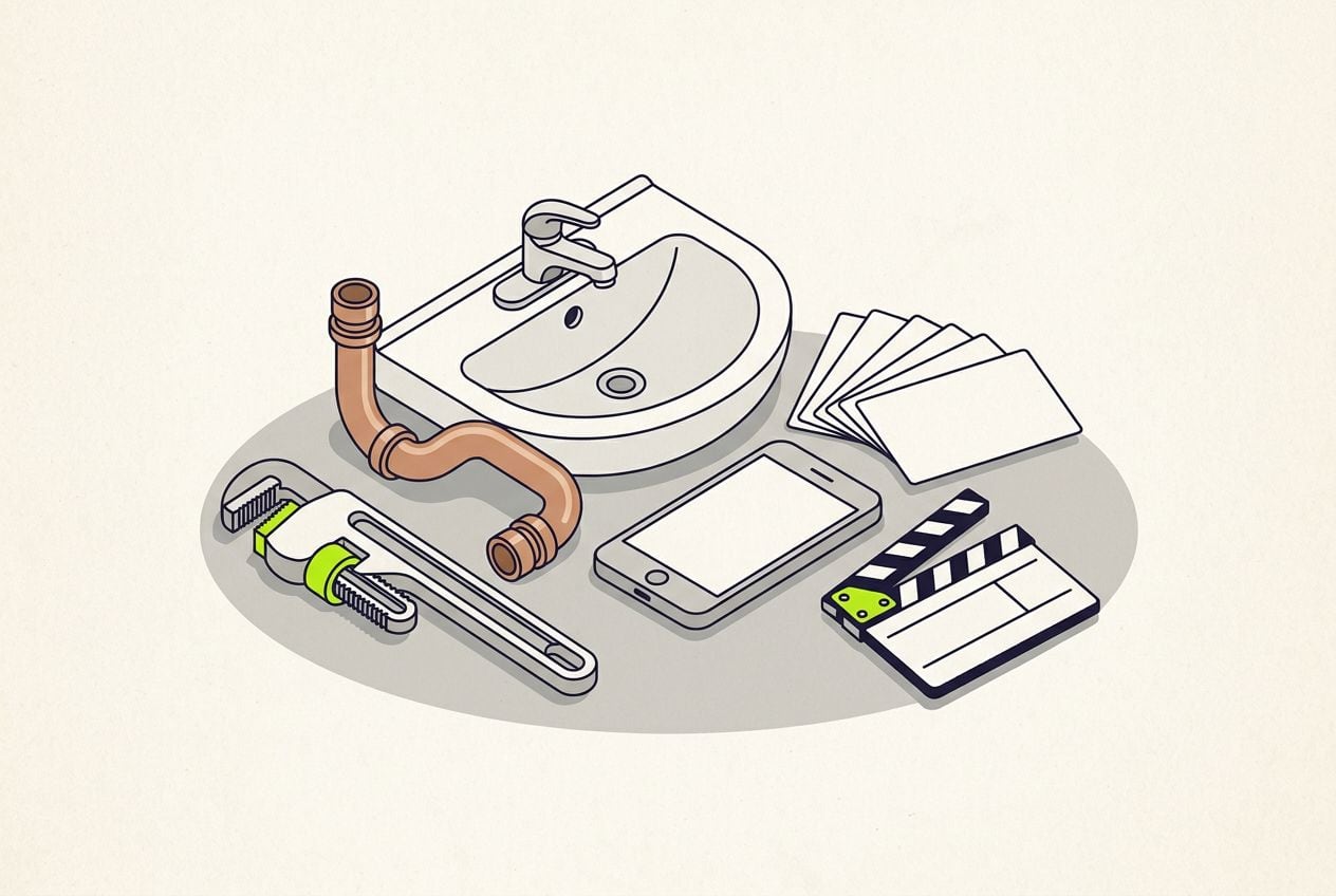Drawn scene: a wrench, a pipe joint and a sink, with a stack of blank cards fanning out beside a phone.