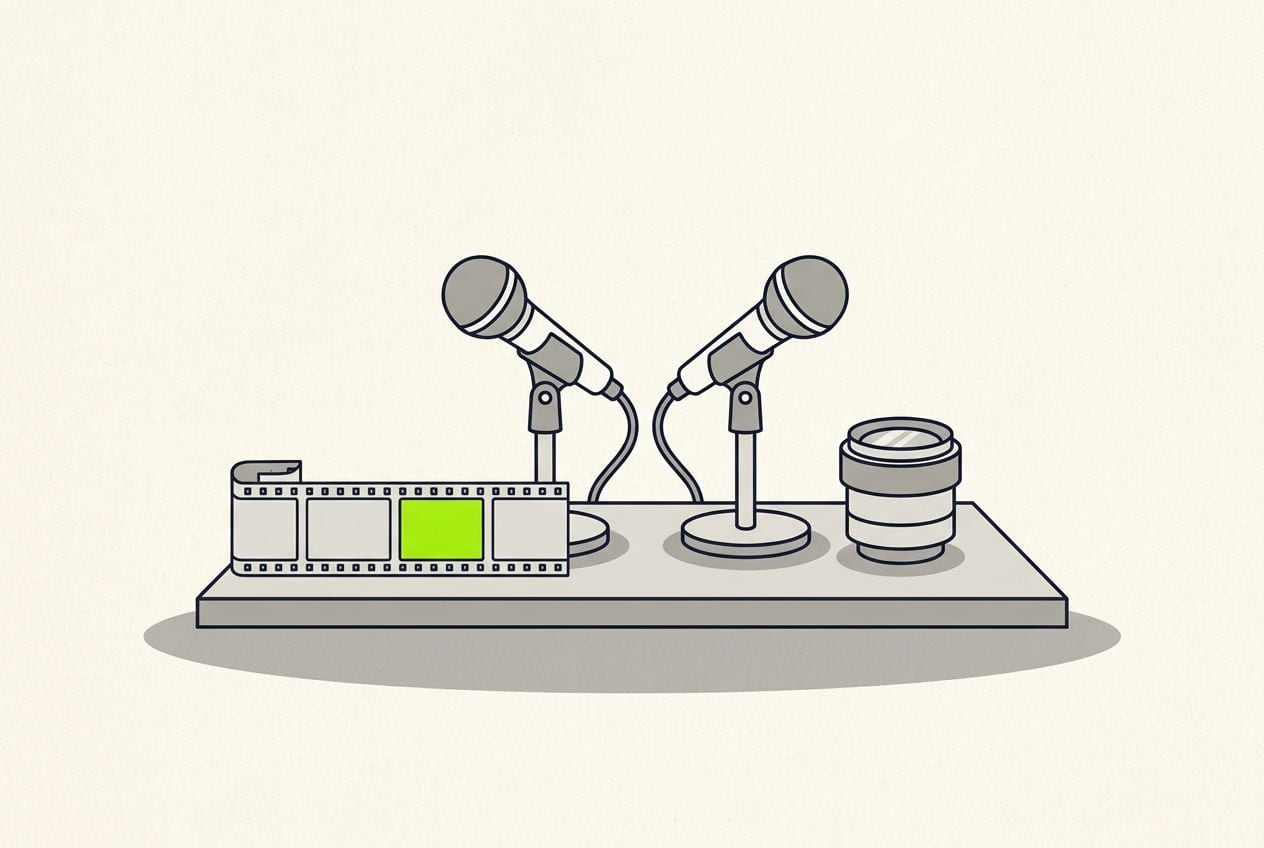 Drawn scene: two microphones on a table, with a film strip with one frame marked in lime.