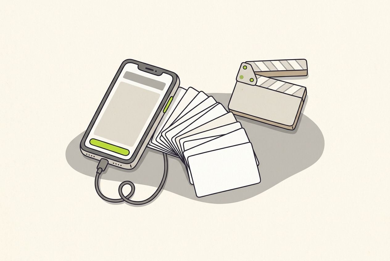 Drawn desk scene: a stack of blank cards fanning out beside a phone.