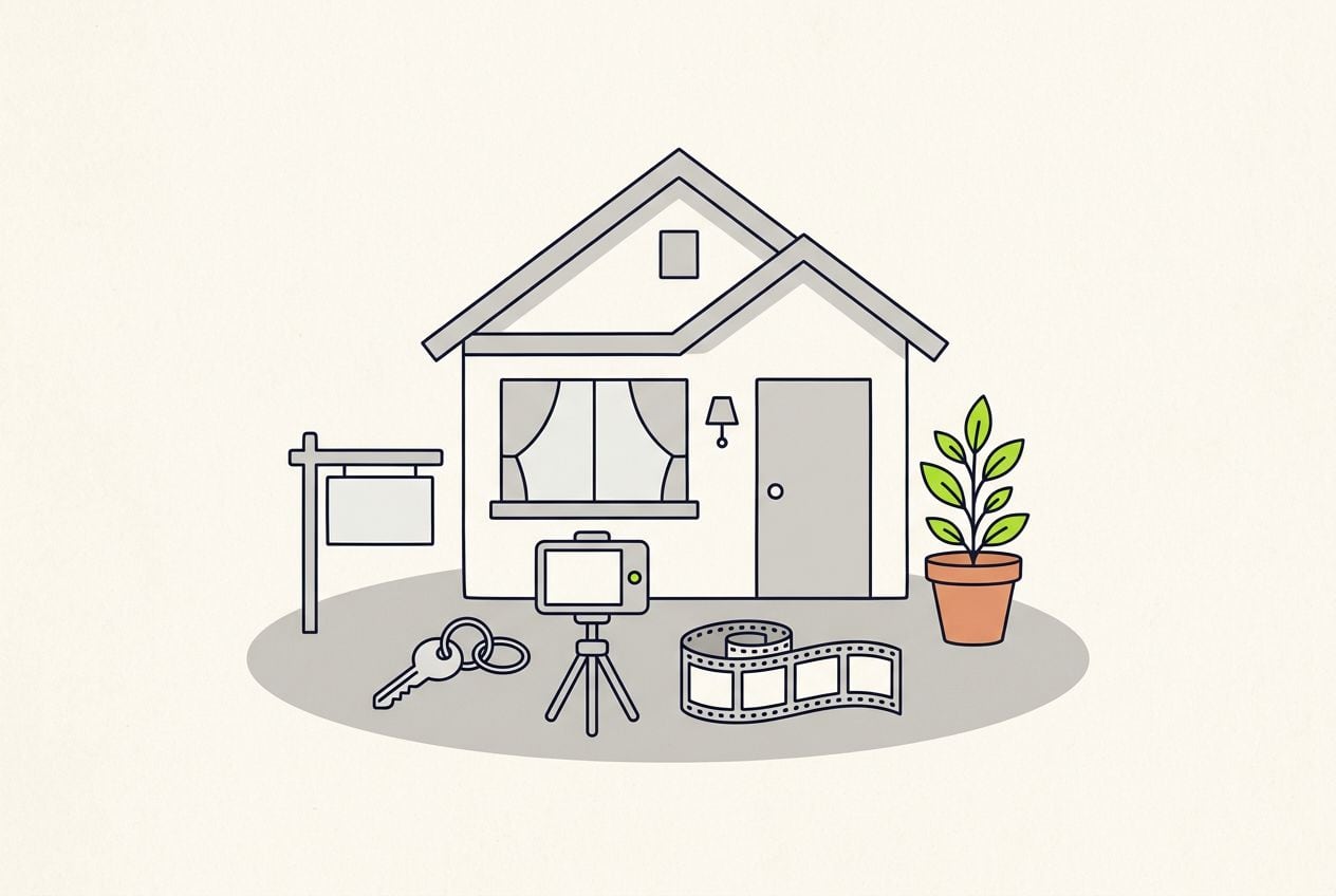 Drawn scene: a house front with a small sign post and a key, with a phone on a tripod filming and a short film strip.