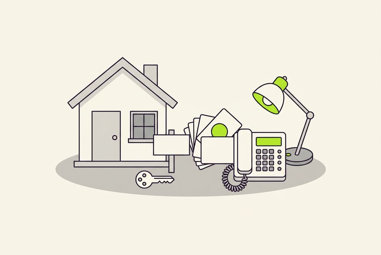 Drawn scene: a house front with a small sign post and a key, with a stack of blank cards fanning out beside a phone.