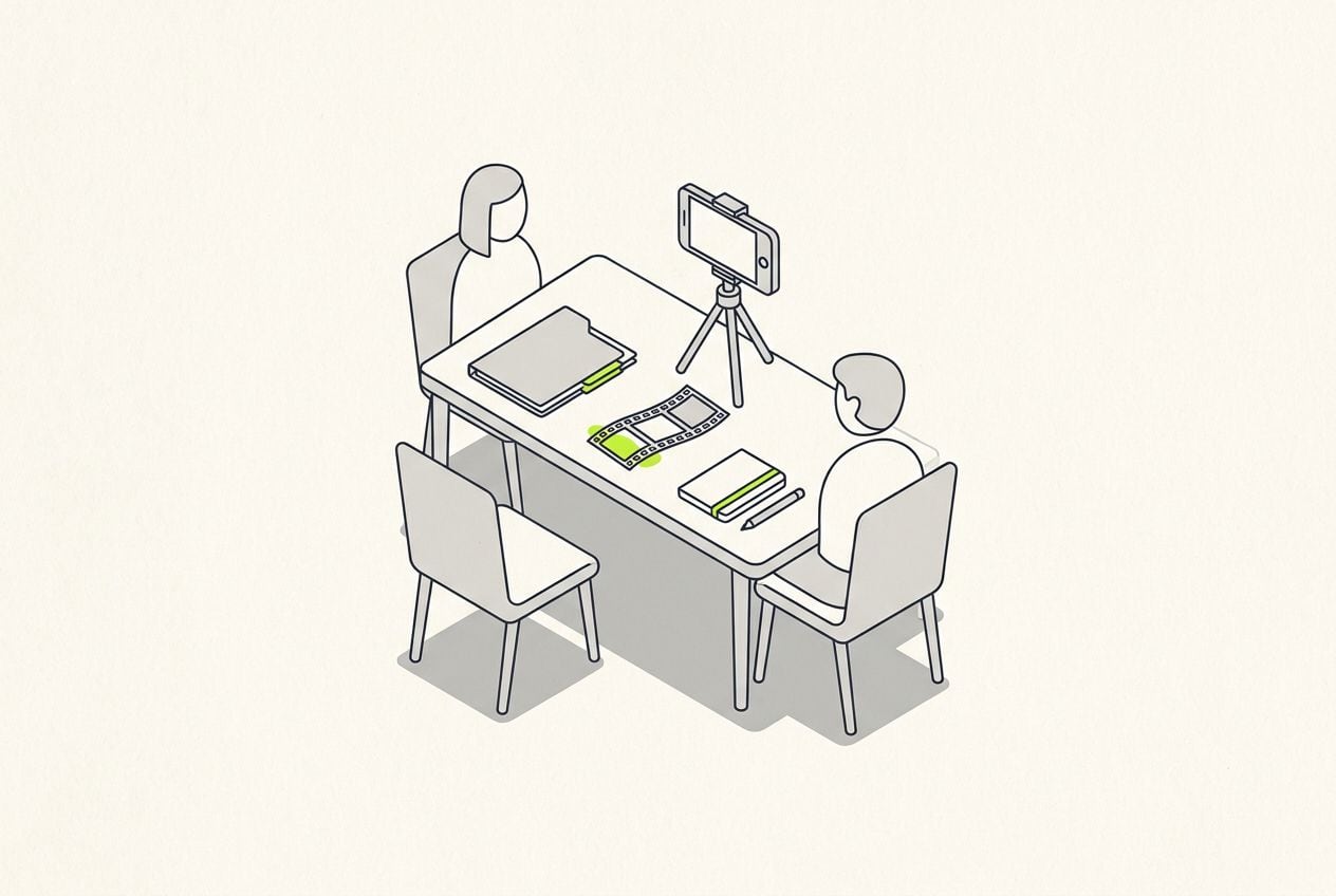 Drawn scene: two chairs across a desk and a folder, with a phone on a tripod filming and a short film strip.