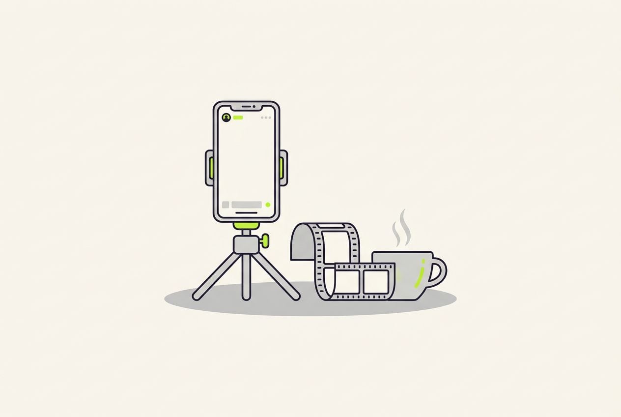 Drawn desk scene: a phone on a tripod filming and a short film strip.