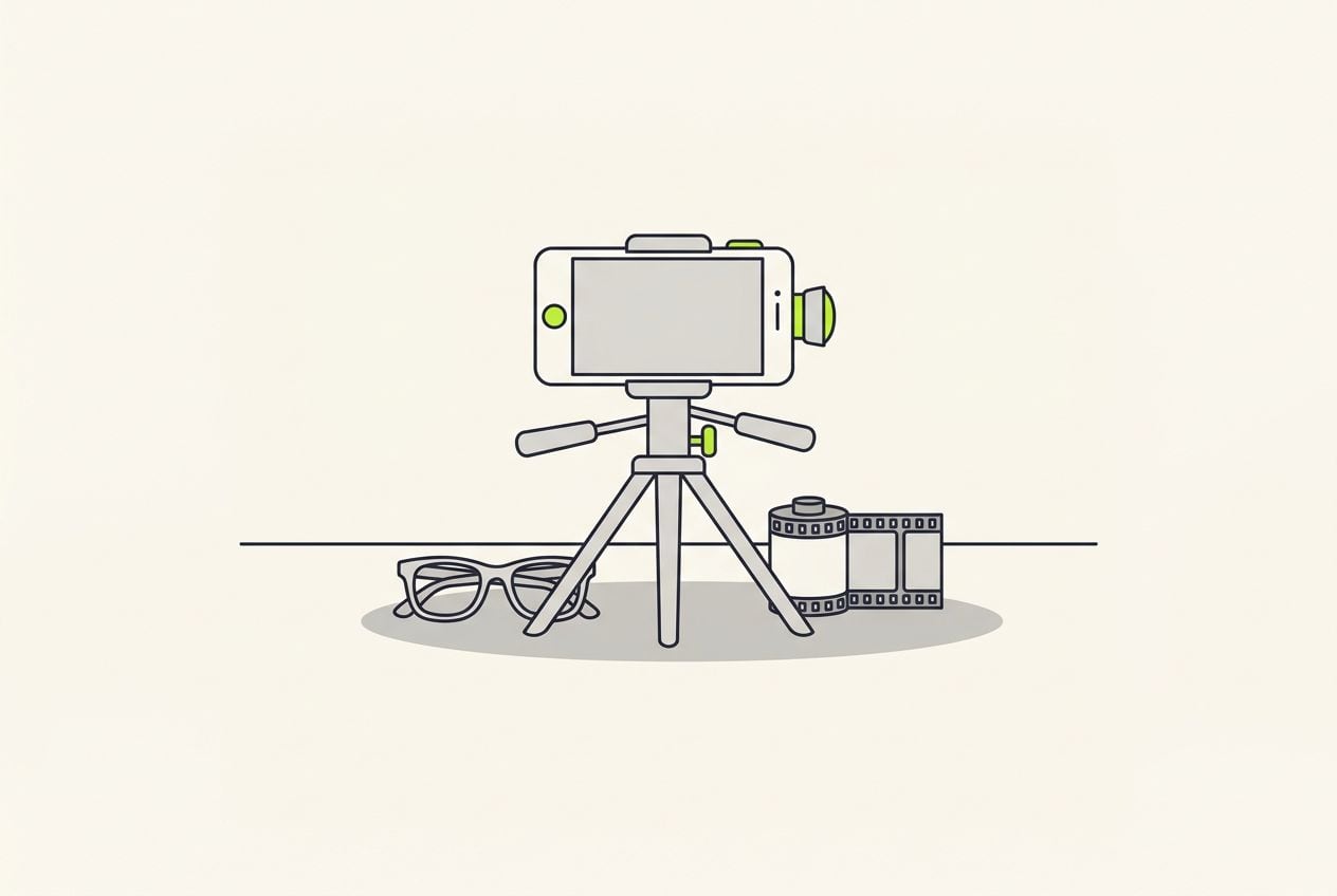 Drawn desk scene: a phone on a tripod filming and a short film strip.