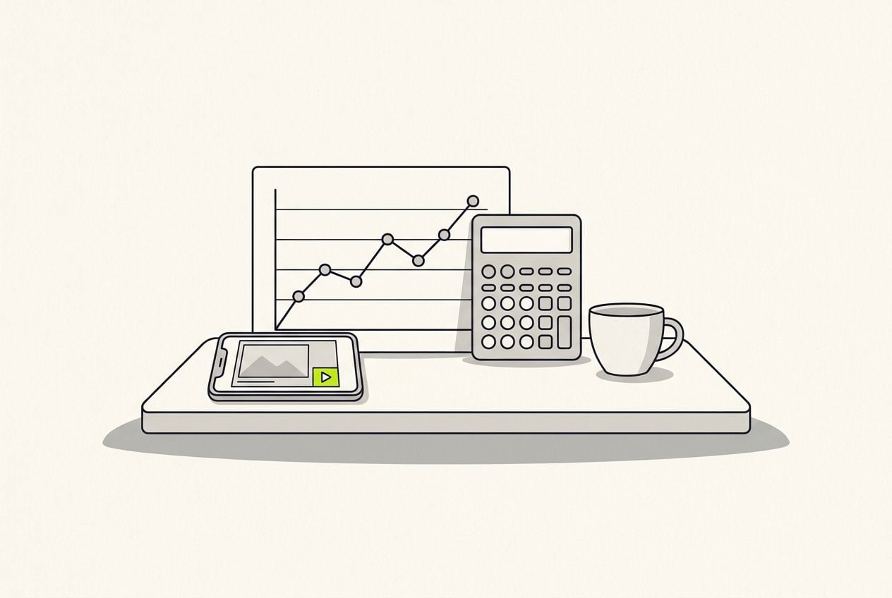 Drawn scene: a tidy desk with a line chart card and a calculator, with a phone showing a blank ad frame and a small lime.