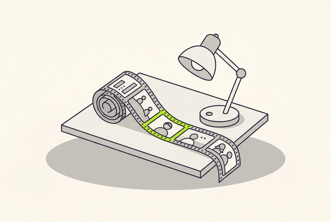 Drawn desk scene: a film strip with one frame marked in lime.