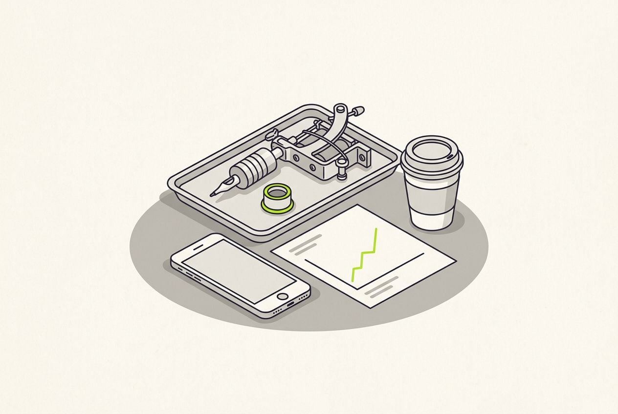 Drawn scene: a tattoo machine and an ink cap on a tray, with a phone beside a blank chart with one rising lime line.