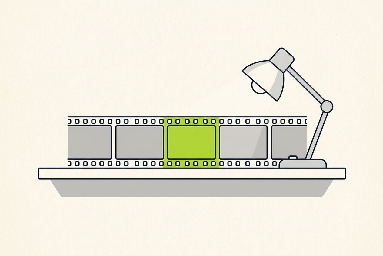 Drawn desk scene: a film strip with one frame marked in lime.