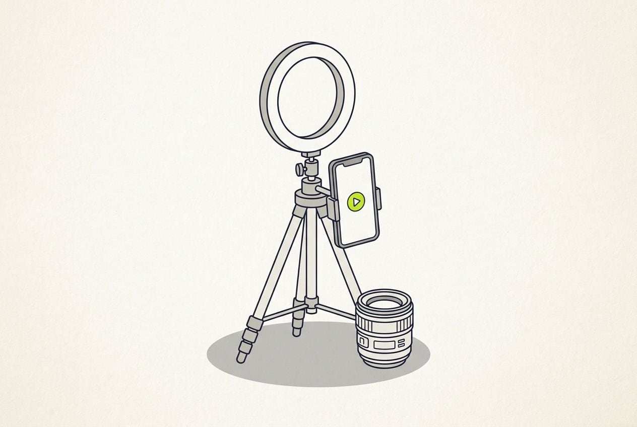 Drawn scene: a ring light and a phone on a tripod, with a phone showing a blank ad frame and a small lime play button.