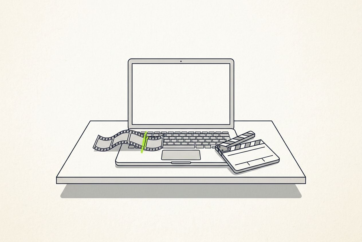 Drawn desk scene: a laptop with a short film strip and one lime cut mark.