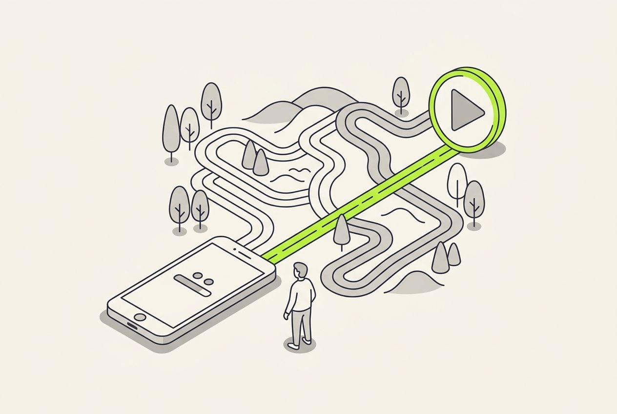 Two drawn roads from a phone to a play button: one long and winding, one short and straight.