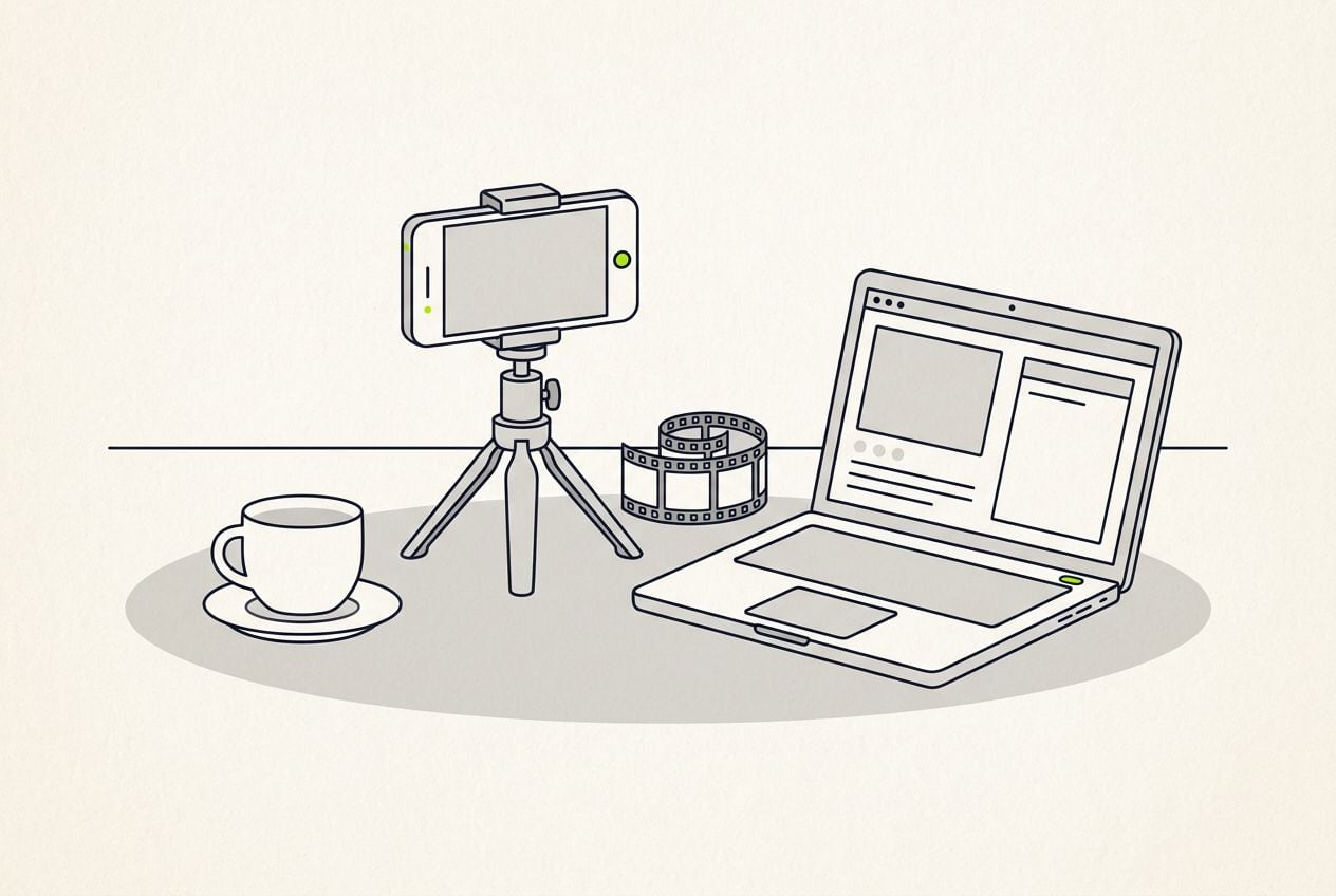 Drawn desk scene: a phone on a tripod filming and a short film strip.