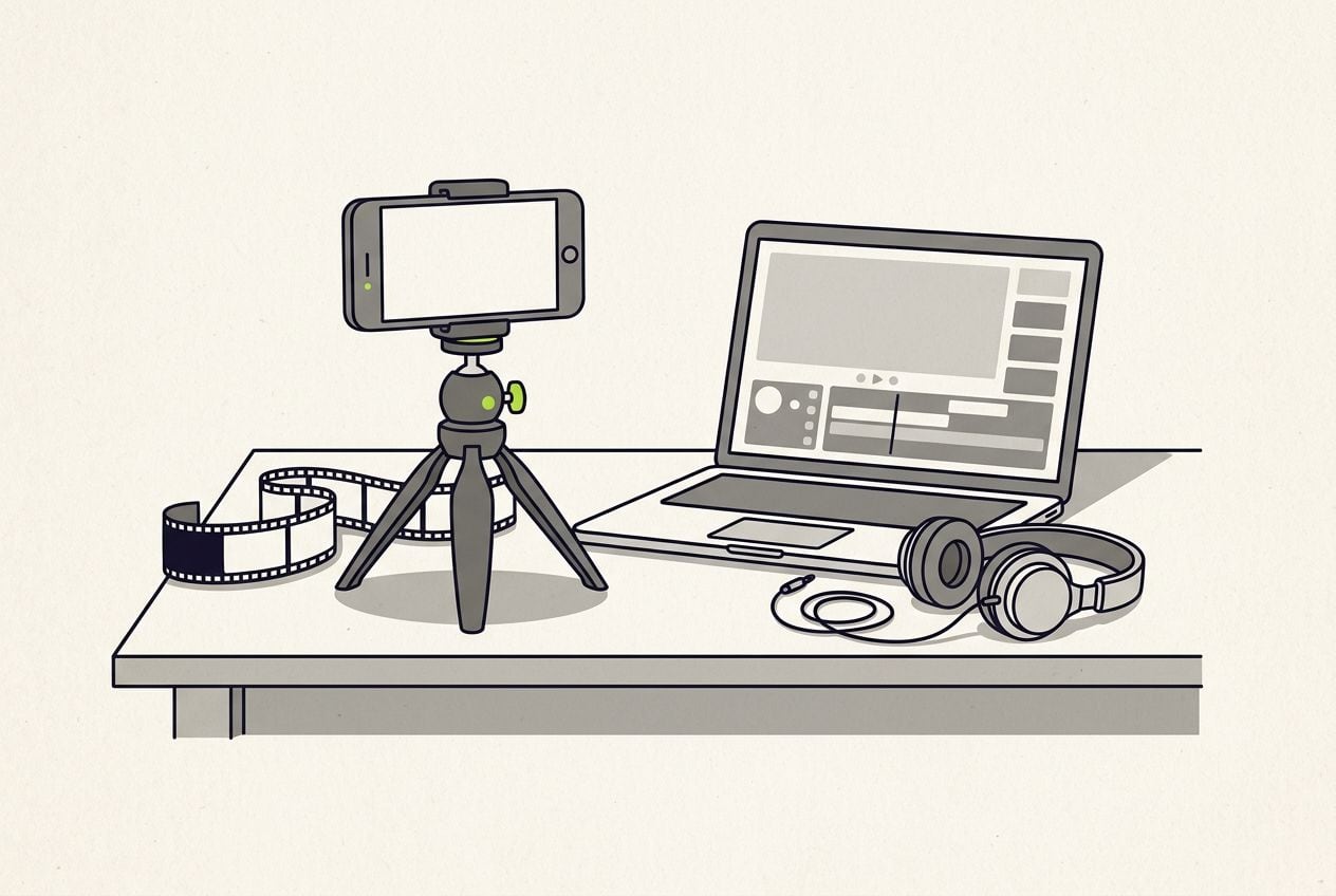 Drawn desk scene: a phone on a tripod filming and a short film strip.