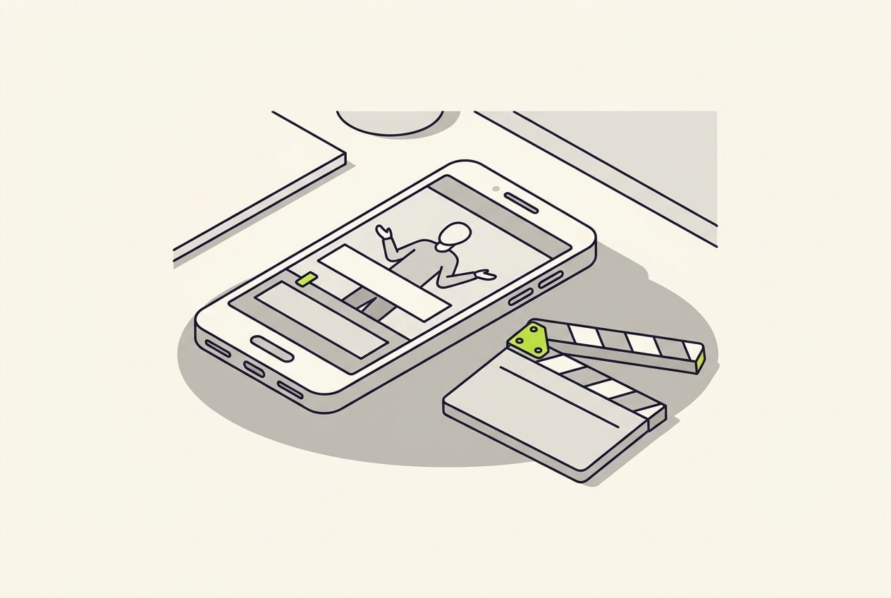 Drawn desk scene with a phone screen with bold blank label bars over a video.