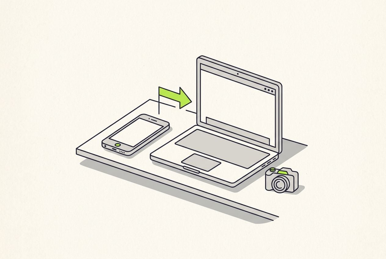 Drawn desk scene: a phone and a laptop with a lime arrow between them.